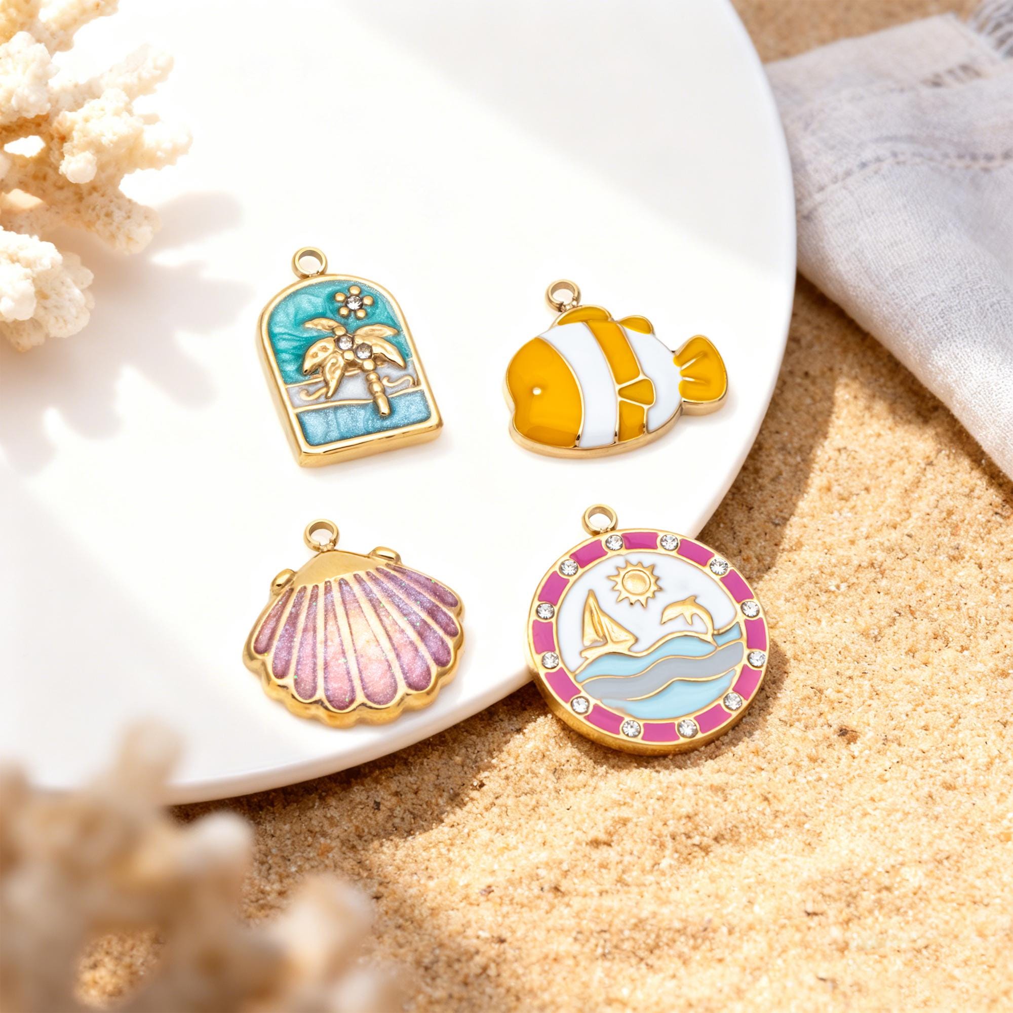 4pcs Enamel Beach Style Charms, PVD Gold Stainless Steel, Jewelry Making Supply (GB-4701)